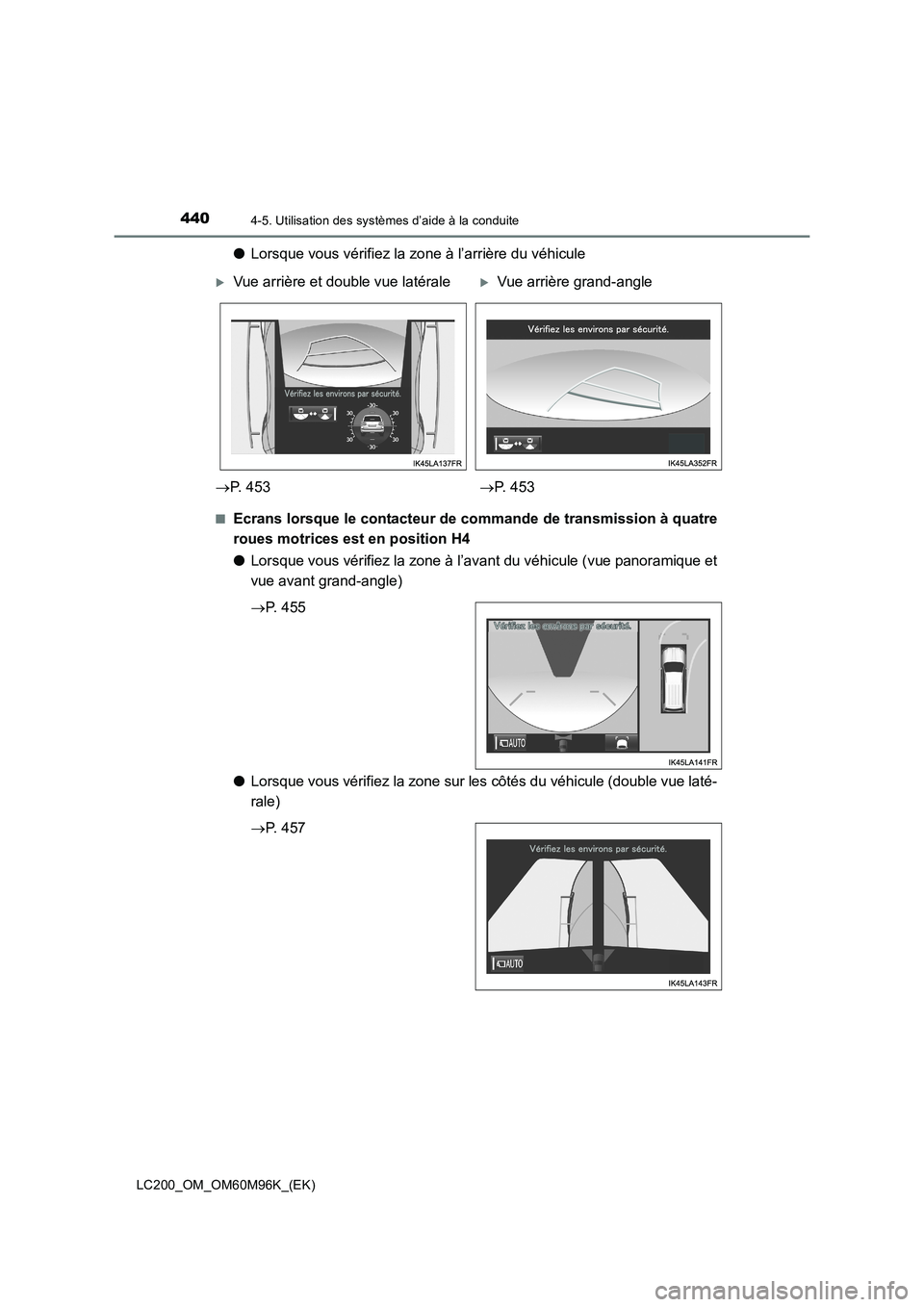 TOYOTA LAND CRUISER 2015  Manuel du propriétaire (in French) 4404-5. Utilisation des systèmes d’aide à la conduite
LC200_OM_OM60M96K_(EK)
●Lorsque vous vérifiez la zone à l’arrière du véhicule
■Ecrans lorsque le contacteur de commande de transmiss