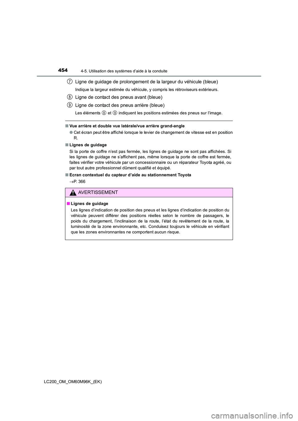 TOYOTA LAND CRUISER 2015 Manuel du propriétaire (in French) 4544-5. Utilisation des systèmes d’aide à la conduite
LC200_OM_OM60M96K_(EK)
Ligne de guidage de prolongement de la largeur du véhicule (bleue)
Indique la largeur estimée du véhicule, y compris TOYOTA LAND CRUISER 2015 Manuel du propriétaire (in French) 4544-5. Utilisation des systèmes d’aide à la conduite
LC200_OM_OM60M96K_(EK)
Ligne de guidage de prolongement de la largeur du véhicule (bleue)
Indique la largeur estimée du véhicule, y compris