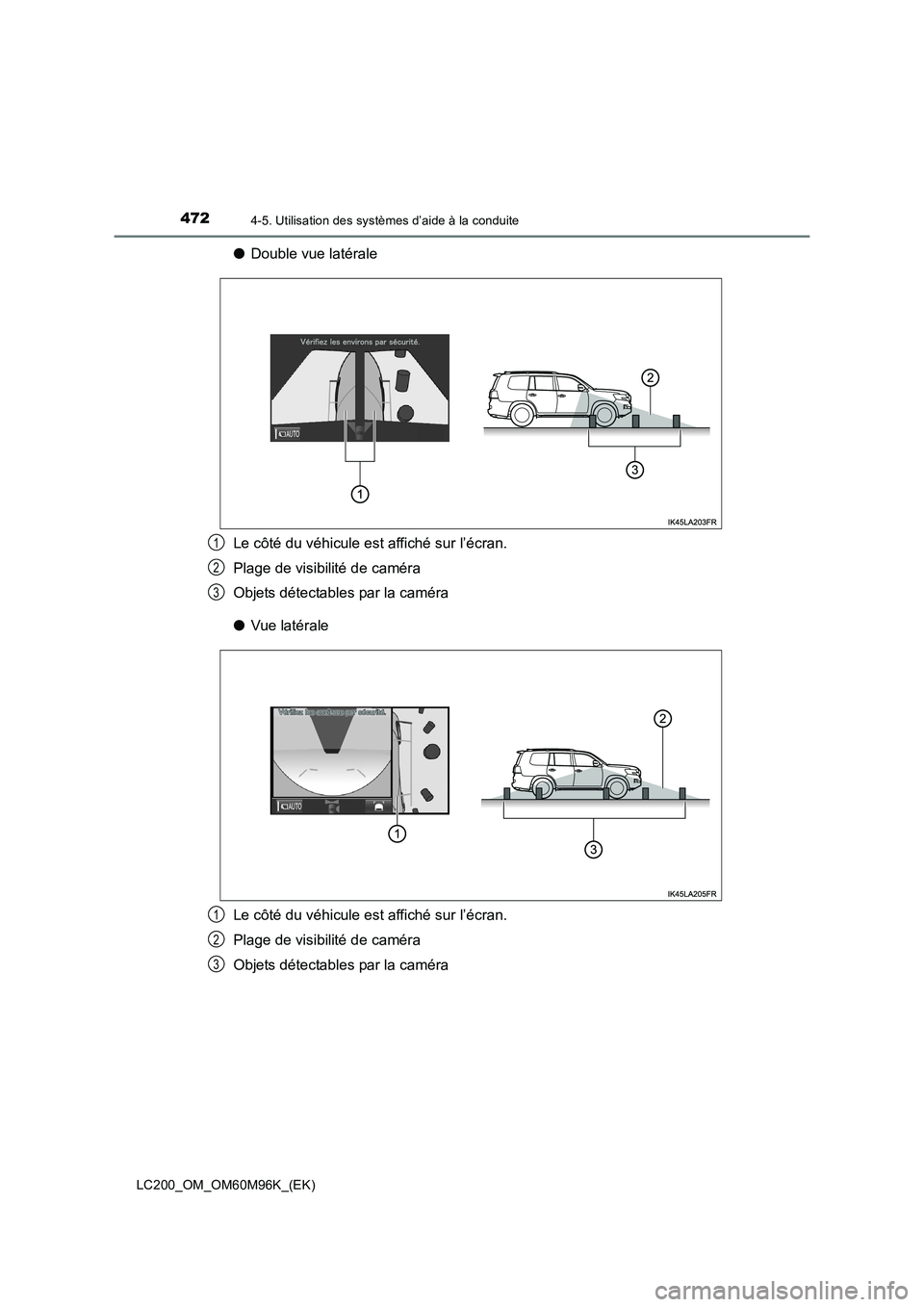 TOYOTA LAND CRUISER 2015 Manuel du propriétaire (in French) 4724-5. Utilisation des systèmes d’aide à la conduite
LC200_OM_OM60M96K_(EK)
●Double vue latérale
Le côté du véhicule est affiché sur l’écran.
Plage de visibilité de caméra
Objets dét TOYOTA LAND CRUISER 2015 Manuel du propriétaire (in French) 4724-5. Utilisation des systèmes d’aide à la conduite
LC200_OM_OM60M96K_(EK)
●Double vue latérale
Le côté du véhicule est affiché sur l’écran.
Plage de visibilité de caméra
Objets dét