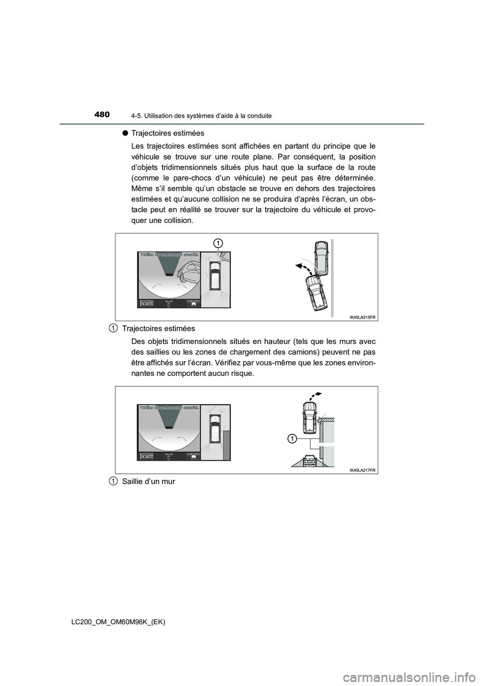 TOYOTA LAND CRUISER 2015 Manuel du propriétaire (in French) 4804-5. Utilisation des systèmes d’aide à la conduite
LC200_OM_OM60M96K_(EK)
●Trajectoires estimées
Les trajectoires estimées sont affichées en partant du principe que le
véhicule se trouve TOYOTA LAND CRUISER 2015 Manuel du propriétaire (in French) 4804-5. Utilisation des systèmes d’aide à la conduite
LC200_OM_OM60M96K_(EK)
●Trajectoires estimées
Les trajectoires estimées sont affichées en partant du principe que le
véhicule se trouve