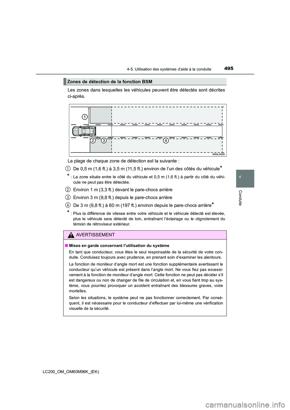 TOYOTA LAND CRUISER 2015  Manuel du propriétaire (in French) 4954-5. Utilisation des systèmes d’aide à la conduite
4
Conduite
LC200_OM_OM60M96K_(EK)
Les zones dans lesquelles les véhicules peuvent être détectés sont décrites
ci-après.
La plage de chaq
