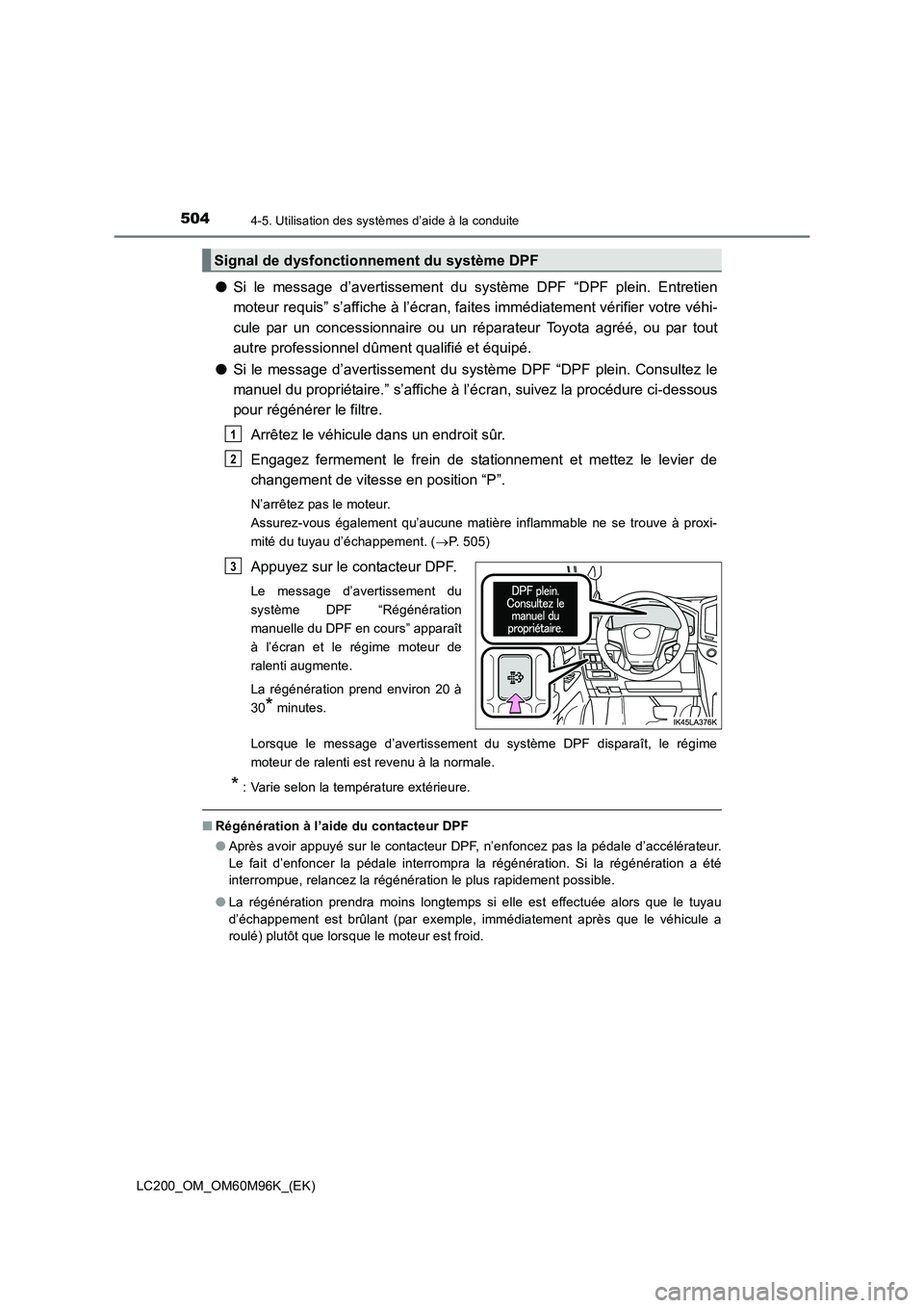 TOYOTA LAND CRUISER 2015 Manuel du propriétaire (in French) 5044-5. Utilisation des systèmes d’aide à la conduite
LC200_OM_OM60M96K_(EK)
●Si le message d’avertissement du système DPF “DPF plein. Entretien
moteur requis” s’affiche à l’écran, TOYOTA LAND CRUISER 2015 Manuel du propriétaire (in French) 5044-5. Utilisation des systèmes d’aide à la conduite
LC200_OM_OM60M96K_(EK)
●Si le message d’avertissement du système DPF “DPF plein. Entretien
moteur requis” s’affiche à l’écran,
