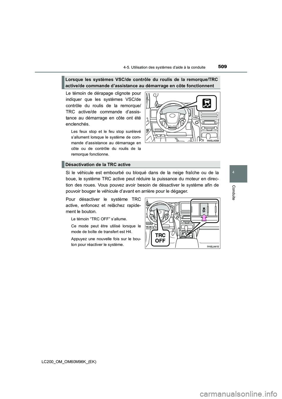 TOYOTA LAND CRUISER 2015 Manuel du propriétaire (in French) 5094-5. Utilisation des systèmes d’aide à la conduite
4
Conduite
LC200_OM_OM60M96K_(EK)
Le témoin de dérapage clignote pour
indiquer que les systèmes VSC/de
contrôle du roulis de la remorque/
TOYOTA LAND CRUISER 2015 Manuel du propriétaire (in French) 5094-5. Utilisation des systèmes d’aide à la conduite
4
Conduite
LC200_OM_OM60M96K_(EK)
Le témoin de dérapage clignote pour
indiquer que les systèmes VSC/de
contrôle du roulis de la remorque/