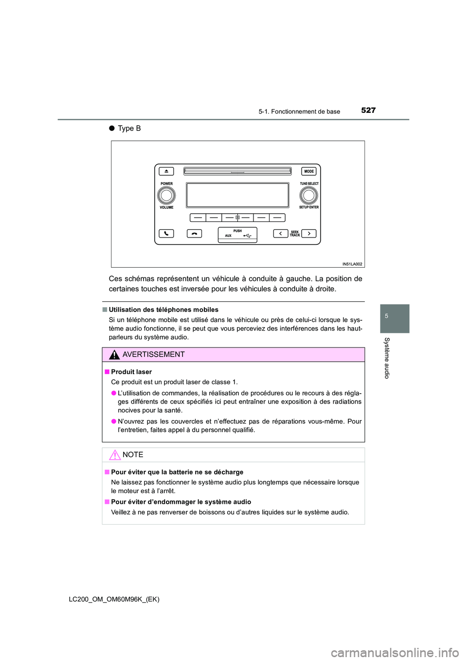 TOYOTA LAND CRUISER 2015  Manuel du propriétaire (in French) 5275-1. Fonctionnement de base
5
Système audio
LC200_OM_OM60M96K_(EK)
●Type B
Ces schémas représentent un véhicule à conduite à gauche. La position de
certaines touches est inversée pour les 