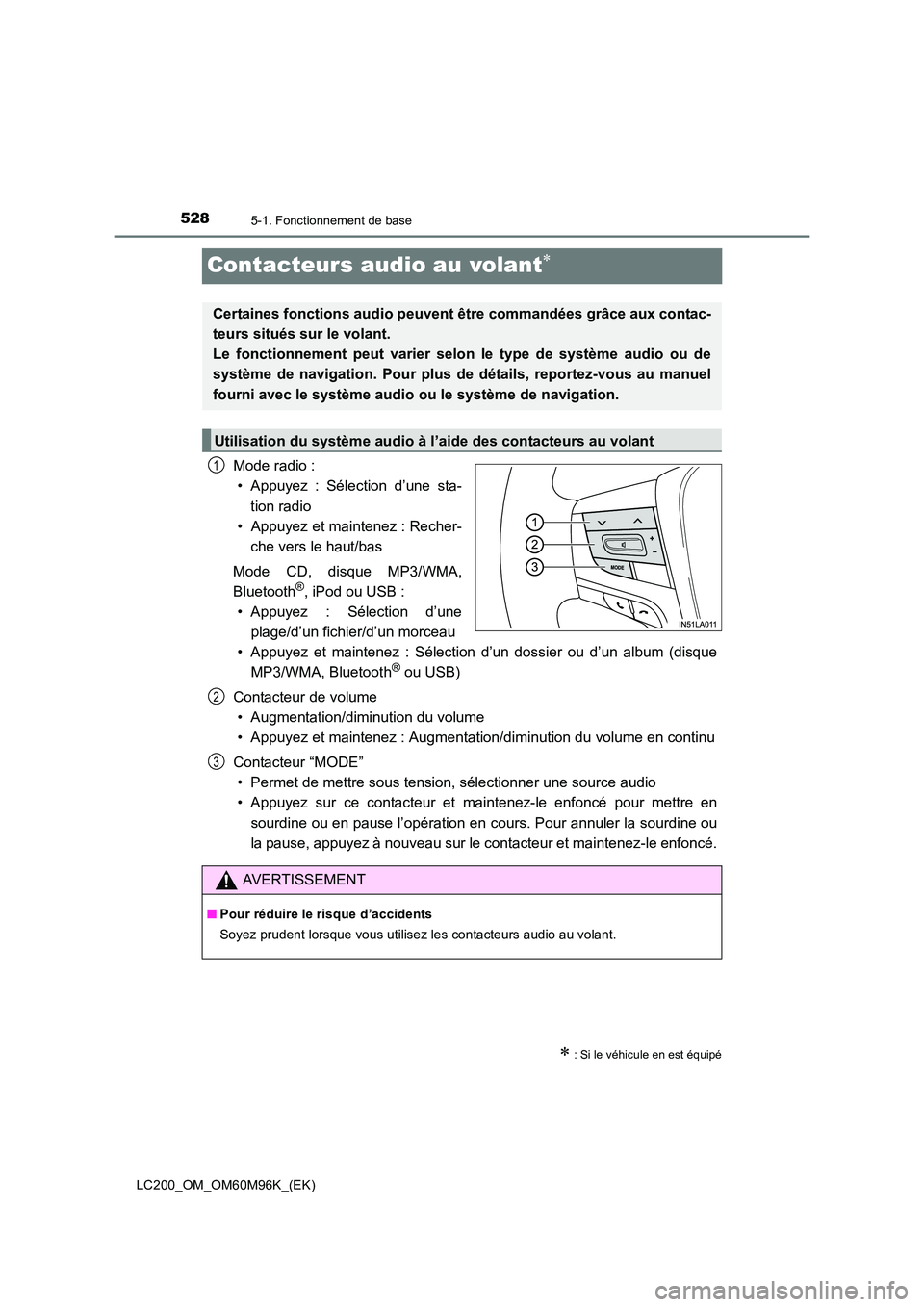 TOYOTA LAND CRUISER 2015  Manuel du propriétaire (in French) 5285-1. Fonctionnement de base
LC200_OM_OM60M96K_(EK)
Contacteurs audio au volant∗
Mode radio :• Appuyez : Sélection d’une sta-
tion radio
• Appuyez et maintenez : Recher- che vers le haut/ba