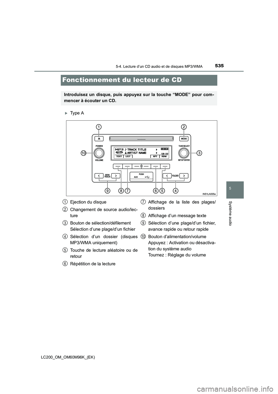 TOYOTA LAND CRUISER 2015  Manuel du propriétaire (in French) 535
5
5-4. Lecture d’un CD audio et de disques MP3/WMA
Système audio
LC200_OM_OM60M96K_(EK)
Fonctionnement du lecteur de CD
�XType A
Introduisez un disque, puis appuyez sur la touche “MODE” pou