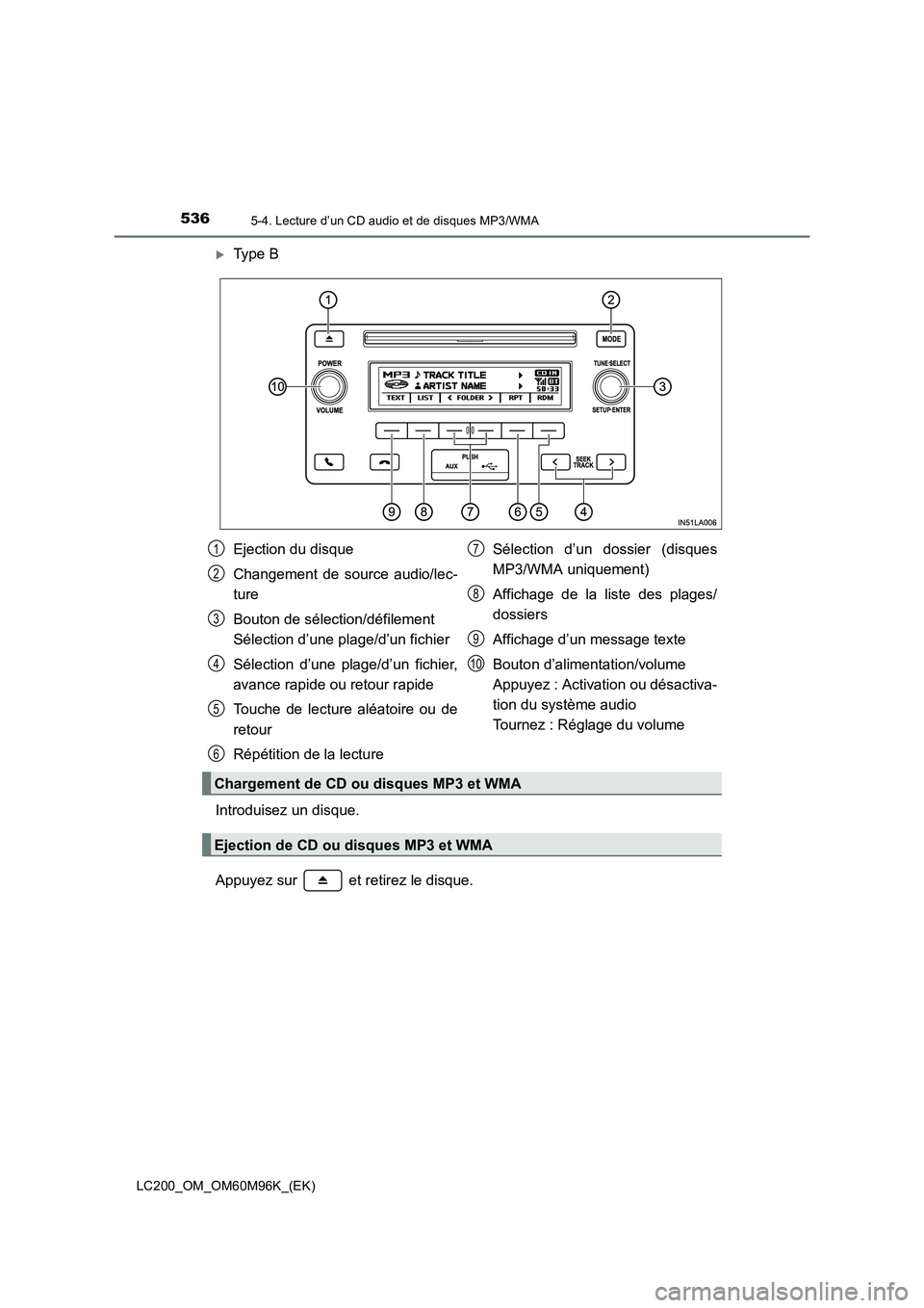 TOYOTA LAND CRUISER 2015  Manuel du propriétaire (in French) 5365-4. Lecture d’un CD audio et de disques MP3/WMA
LC200_OM_OM60M96K_(EK)
�XType B
Introduisez un disque.
Appuyez sur   et retirez le disque.
Ejection du disque
Changement de source audio/lec-
ture