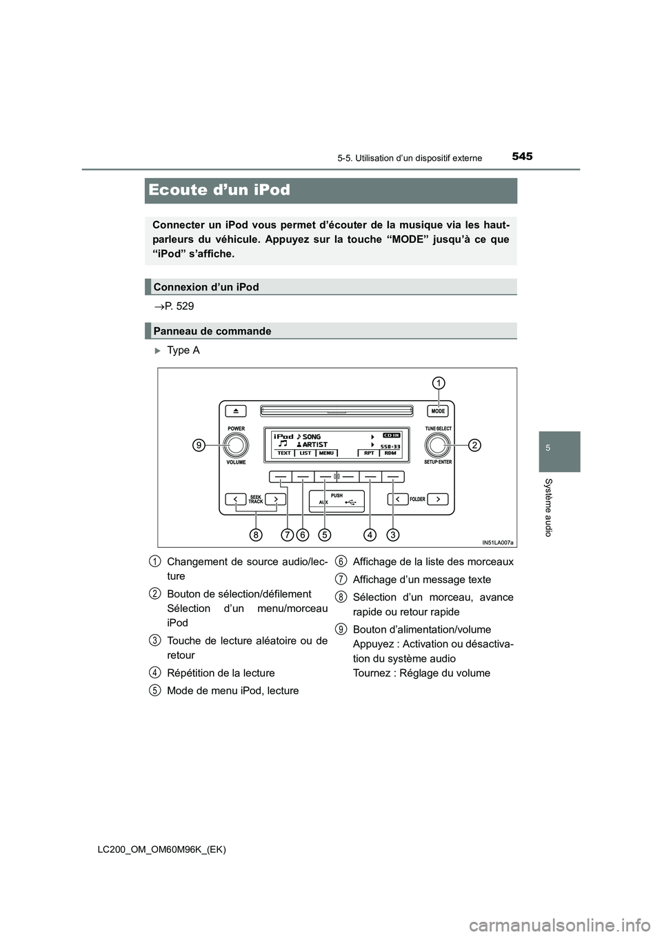 TOYOTA LAND CRUISER 2015  Manuel du propriétaire (in French) 545
5
5-5. Utilisation d’un dispositif externe
Système audio
LC200_OM_OM60M96K_(EK)
Ecoute d’un iPod
→P. 529
�XType A
Connecter un iPod vous permet d’écout er de la musique via les haut-
par