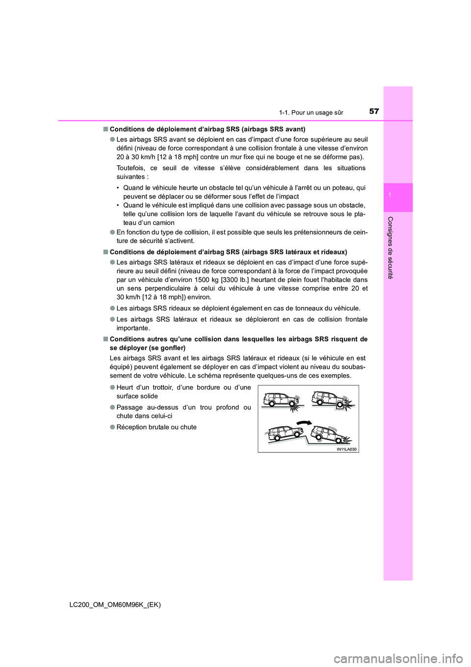 TOYOTA LAND CRUISER 2015 Manuel du propriétaire (in French) 571-1. Pour un usage sûr
1
LC200_OM_OM60M96K_(EK)
Consignes de sécurité
■Conditions de déploiement d’airbag SRS (airbags SRS avant)
●Les airbags SRS avant se déploient en cas d’impact d TOYOTA LAND CRUISER 2015 Manuel du propriétaire (in French) 571-1. Pour un usage sûr
1
LC200_OM_OM60M96K_(EK)
Consignes de sécurité
■Conditions de déploiement d’airbag SRS (airbags SRS avant)
●Les airbags SRS avant se déploient en cas d’impact d