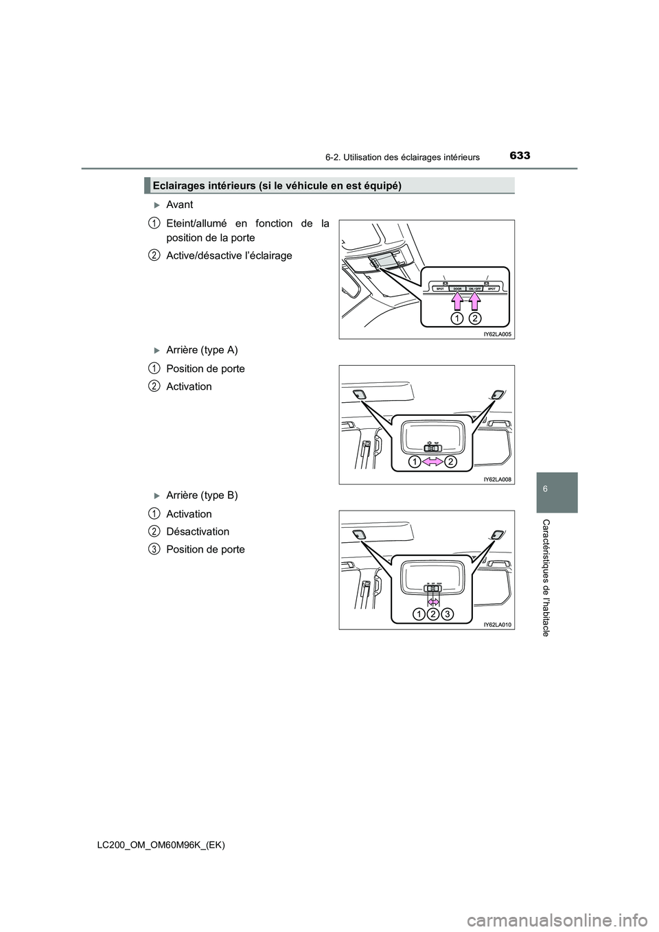 TOYOTA LAND CRUISER 2016  Manuel du propriétaire (in French) 6336-2. Utilisation des éclairages intérieurs
LC200_OM_OM60M96K_(EK)
6
Caractéristiques de l’habitacle
�XAvant
Eteint/allumé en fonction de la
position de la porte
Active/désactive l’éclaira