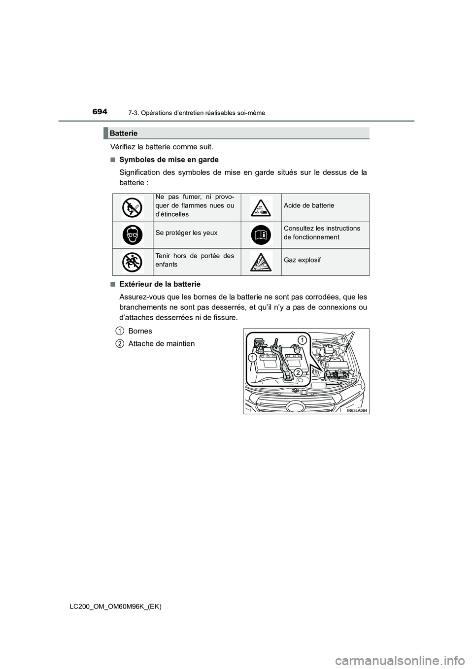 TOYOTA LAND CRUISER 2015  Manuel du propriétaire (in French) 6947-3. Opérations d’entretien réalisables soi-même
LC200_OM_OM60M96K_(EK)
Vérifiez la batterie comme suit.
■Symboles de mise en garde
Signification des symboles de mise en garde situés sur l