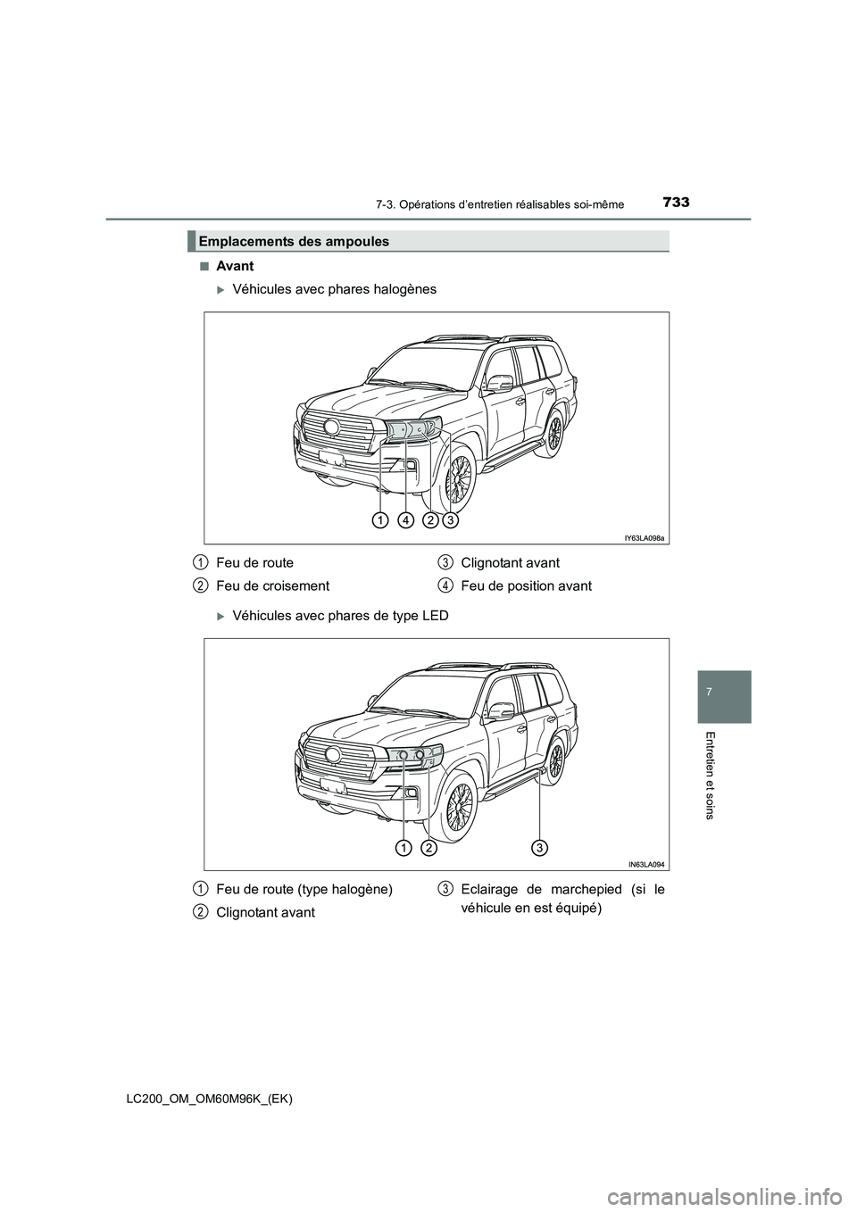 TOYOTA LAND CRUISER 2015  Manuel du propriétaire (in French) 7337-3. Opérations d’entretien réalisables soi-même
LC200_OM_OM60M96K_(EK)
7
Entretien et soins
■Avant
�XVéhicules avec phares halogènes
�XVéhicules avec phares de type LED
Emplacements des 