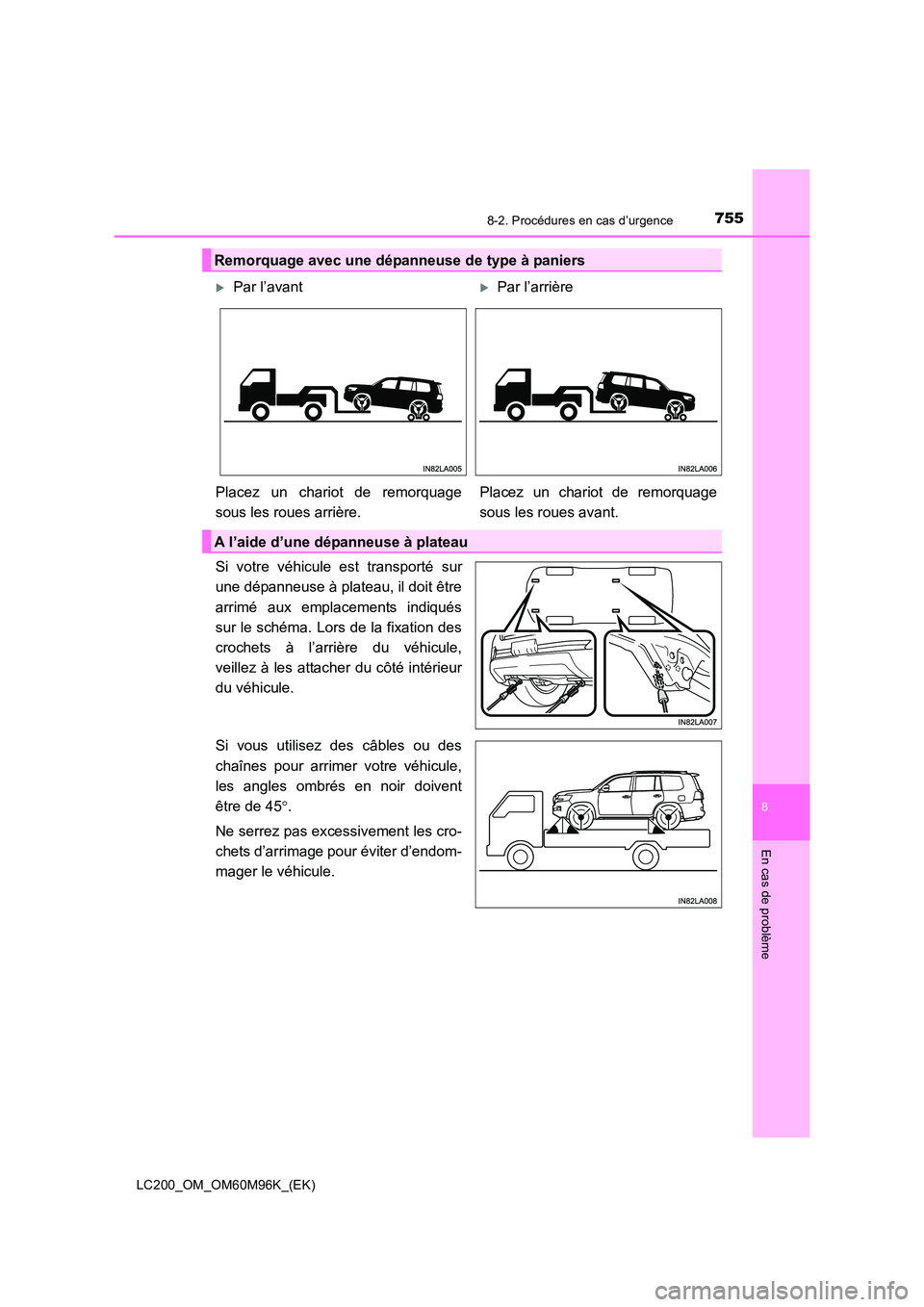 TOYOTA LAND CRUISER 2015 Manuel du propriétaire (in French) 7558-2. Procédures en cas d’urgence
LC200_OM_OM60M96K_(EK)
8
En cas de problème
Si votre véhicule est transporté sur
une dépanneuse à plateau, il doit être
arrimé aux emplacements indiqués
TOYOTA LAND CRUISER 2015 Manuel du propriétaire (in French) 7558-2. Procédures en cas d’urgence
LC200_OM_OM60M96K_(EK)
8
En cas de problème
Si votre véhicule est transporté sur
une dépanneuse à plateau, il doit être
arrimé aux emplacements indiqués