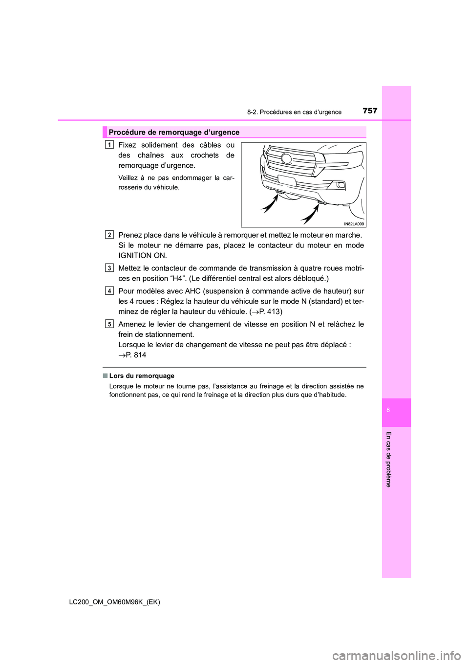 TOYOTA LAND CRUISER 2015 Manuel du propriétaire (in French) 7578-2. Procédures en cas d’urgence
LC200_OM_OM60M96K_(EK)
8
En cas de problème
Fixez solidement des câbles ou
des chaînes aux crochets de
remorquage d’urgence.
Veillez à ne pas endommager la TOYOTA LAND CRUISER 2015 Manuel du propriétaire (in French) 7578-2. Procédures en cas d’urgence
LC200_OM_OM60M96K_(EK)
8
En cas de problème
Fixez solidement des câbles ou
des chaînes aux crochets de
remorquage d’urgence.
Veillez à ne pas endommager la