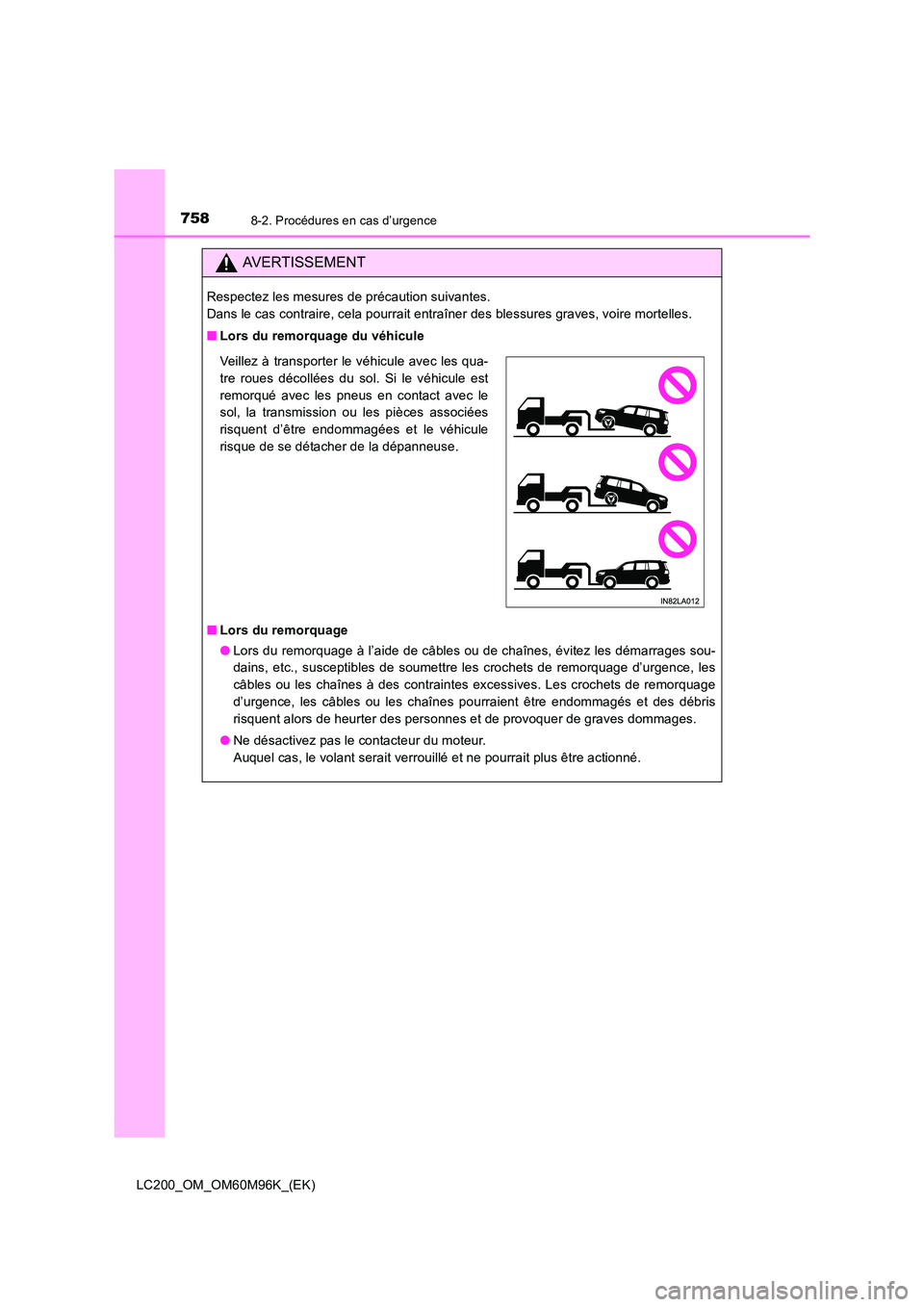 TOYOTA LAND CRUISER 2015 Manuel du propriétaire (in French) 7588-2. Procédures en cas d’urgence
LC200_OM_OM60M96K_(EK)
AVERTISSEMENT
Respectez les mesures de précaution suivantes.
Dans le cas contraire, cela pourrait entraîner des blessures graves, voire TOYOTA LAND CRUISER 2015 Manuel du propriétaire (in French) 7588-2. Procédures en cas d’urgence
LC200_OM_OM60M96K_(EK)
AVERTISSEMENT
Respectez les mesures de précaution suivantes.
Dans le cas contraire, cela pourrait entraîner des blessures graves, voire