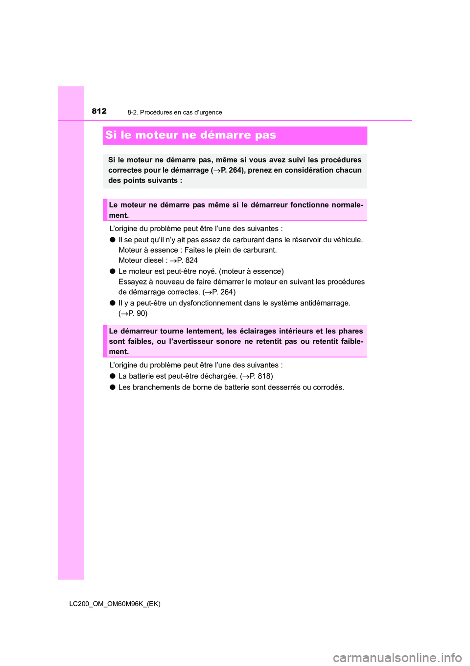 TOYOTA LAND CRUISER 2015 Manuel du propriétaire (in French) 8128-2. Procédures en cas d’urgence
LC200_OM_OM60M96K_(EK)
Si le moteur ne démarre pas
L’origine du problème peut être l’une des suivantes :
●Il se peut qu’il n’y ait pas assez de carb TOYOTA LAND CRUISER 2015 Manuel du propriétaire (in French) 8128-2. Procédures en cas d’urgence
LC200_OM_OM60M96K_(EK)
Si le moteur ne démarre pas
L’origine du problème peut être l’une des suivantes :
●Il se peut qu’il n’y ait pas assez de carb