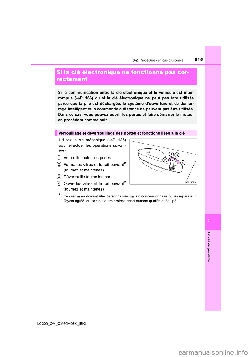 TOYOTA LAND CRUISER 2015 Manuel du propriétaire (in French) 8158-2. Procédures en cas d’urgence
LC200_OM_OM60M96K_(EK)
8
En cas de problème
Si la clé électronique ne fonctionne pas cor-
rectement
Utilisez la clé mécanique (→P. 136)
pour effectuer les TOYOTA LAND CRUISER 2015 Manuel du propriétaire (in French) 8158-2. Procédures en cas d’urgence
LC200_OM_OM60M96K_(EK)
8
En cas de problème
Si la clé électronique ne fonctionne pas cor-
rectement
Utilisez la clé mécanique (→P. 136)
pour effectuer les