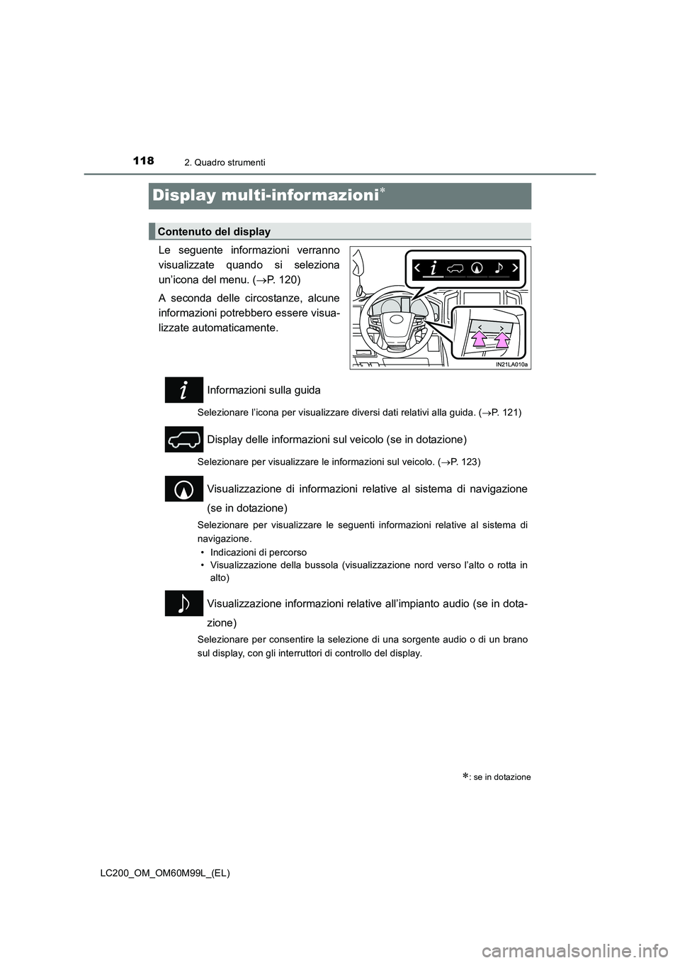 TOYOTA LAND CRUISER 2016  Manuale duso (in Italian) 1182. Quadro strumenti
LC200_OM_OM60M99L_(EL)
Display multi-infor mazioni∗
Le seguente informazioni verranno
visualizzate quando si seleziona
un’icona del menu. (→P. 120)
A seconda delle circost