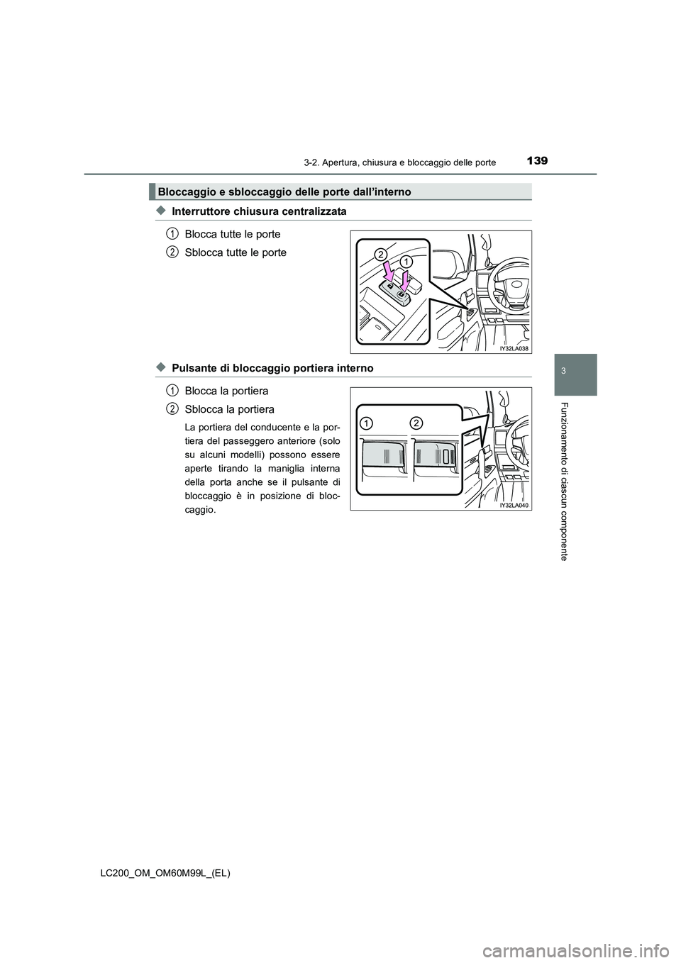 TOYOTA LAND CRUISER 2016 Manuale duso (in Italian) 1393-2. Apertura, chiusura e bloccaggio delle porte
3
Funzionamento di ciascun componente
LC200_OM_OM60M99L_(EL)
◆Interruttore chiusura centralizzataBlocca tutte le porte
Sblocca tutte le porte
◆P TOYOTA LAND CRUISER 2016 Manuale duso (in Italian) 1393-2. Apertura, chiusura e bloccaggio delle porte
3
Funzionamento di ciascun componente
LC200_OM_OM60M99L_(EL)
◆Interruttore chiusura centralizzataBlocca tutte le porte
Sblocca tutte le porte
◆P