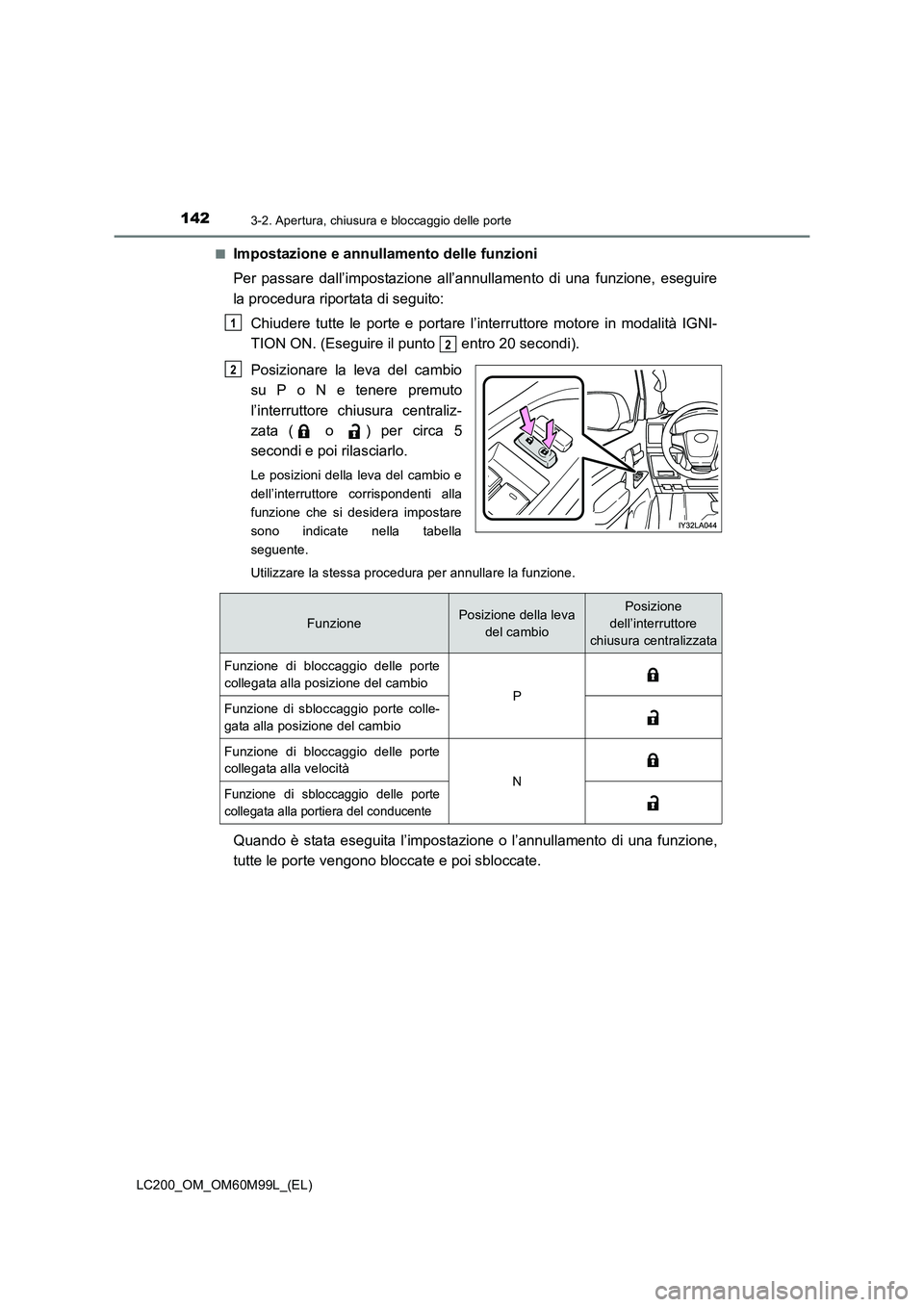 TOYOTA LAND CRUISER 2016 Manuale duso (in Italian) 1423-2. Apertura, chiusura e bloccaggio delle porte
LC200_OM_OM60M99L_(EL)■
Impostazione e annullamento delle funzioni
Per passare dall’impostazione all’annullamento di una funzione, eseguire
la TOYOTA LAND CRUISER 2016 Manuale duso (in Italian) 1423-2. Apertura, chiusura e bloccaggio delle porte
LC200_OM_OM60M99L_(EL)■
Impostazione e annullamento delle funzioni
Per passare dall’impostazione all’annullamento di una funzione, eseguire
la