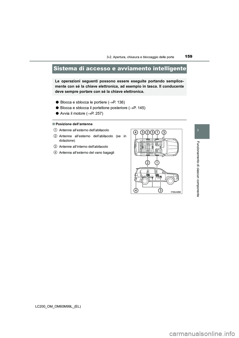 TOYOTA LAND CRUISER 2016  Manuale duso (in Italian) 159
3
3-2. Apertura, chiusura e bloccaggio delle porte
Funzionamento di ciascun componente
LC200_OM_OM60M99L_(EL)
Sistema di accesso e avviamento intelligente
●Blocca e sblocca le portiere ( →P. 1