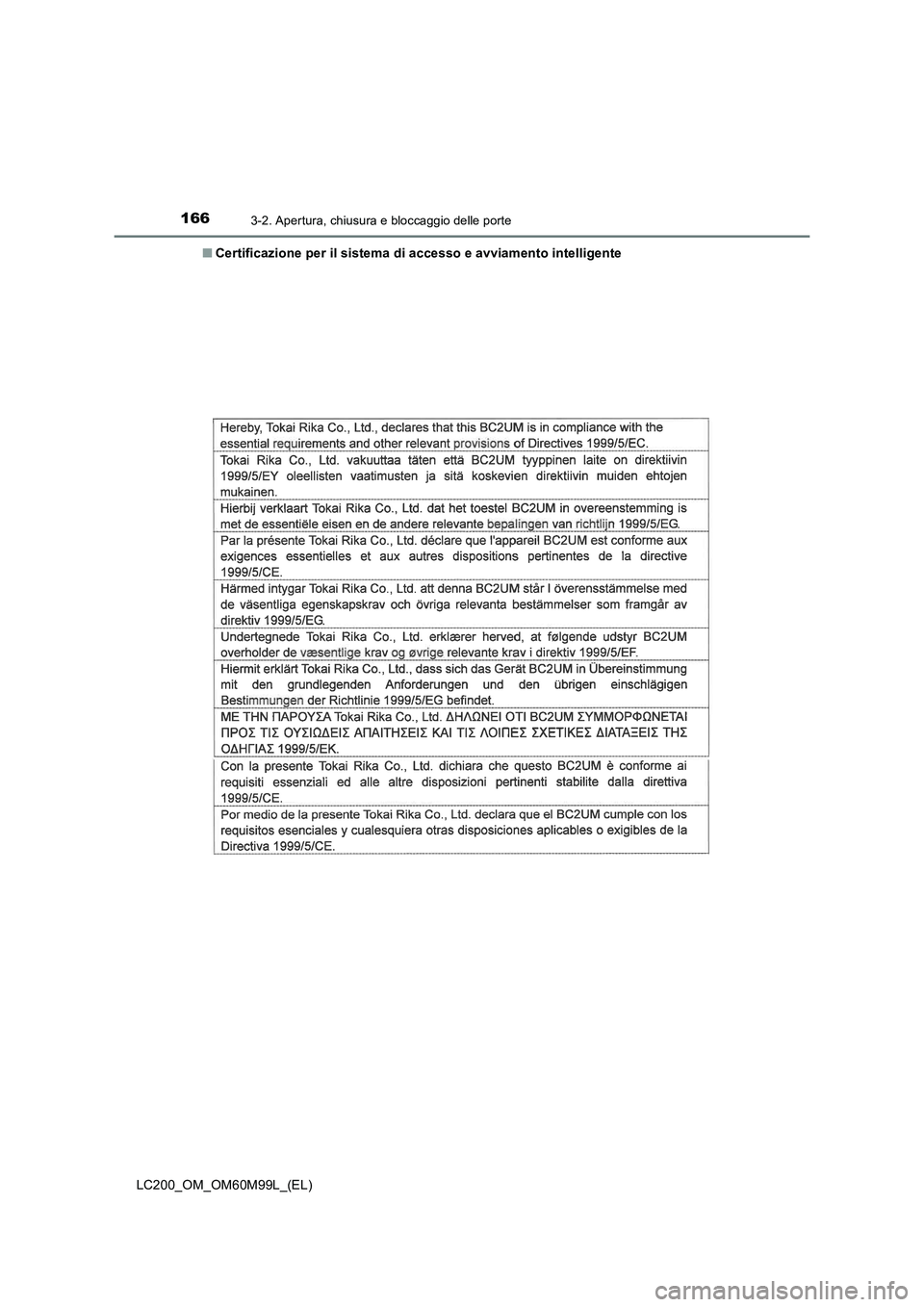 TOYOTA LAND CRUISER 2016  Manuale duso (in Italian) 1663-2. Apertura, chiusura e bloccaggio delle porte
LC200_OM_OM60M99L_(EL)■
Certificazione per il sistema di accesso e avviamento intelligente 