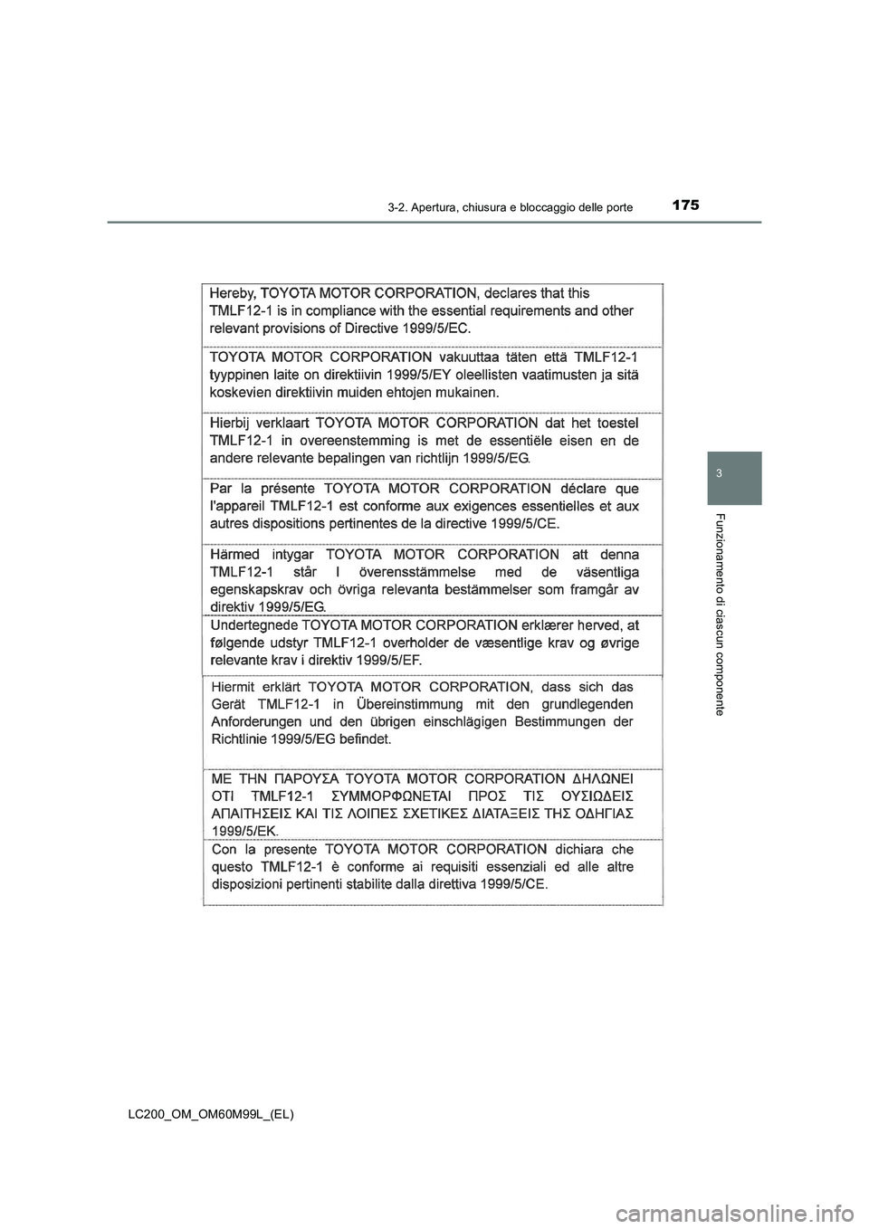 TOYOTA LAND CRUISER 2016  Manuale duso (in Italian) 1753-2. Apertura, chiusura e bloccaggio delle porte
3
Funzionamento di ciascun componente
LC200_OM_OM60M99L_(EL) 