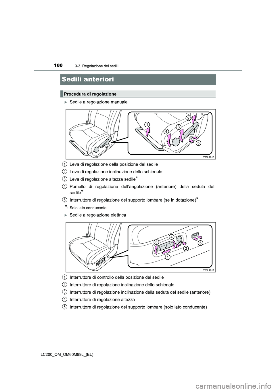 TOYOTA LAND CRUISER 2016  Manuale duso (in Italian) 1803-3. Regolazione dei sedili
LC200_OM_OM60M99L_(EL)
Sedili anteriori
�XSedile a regolazione manuale
Leva di regolazione della posizione del sedile
Leva di regolazione inclinazione dello schienale
Le