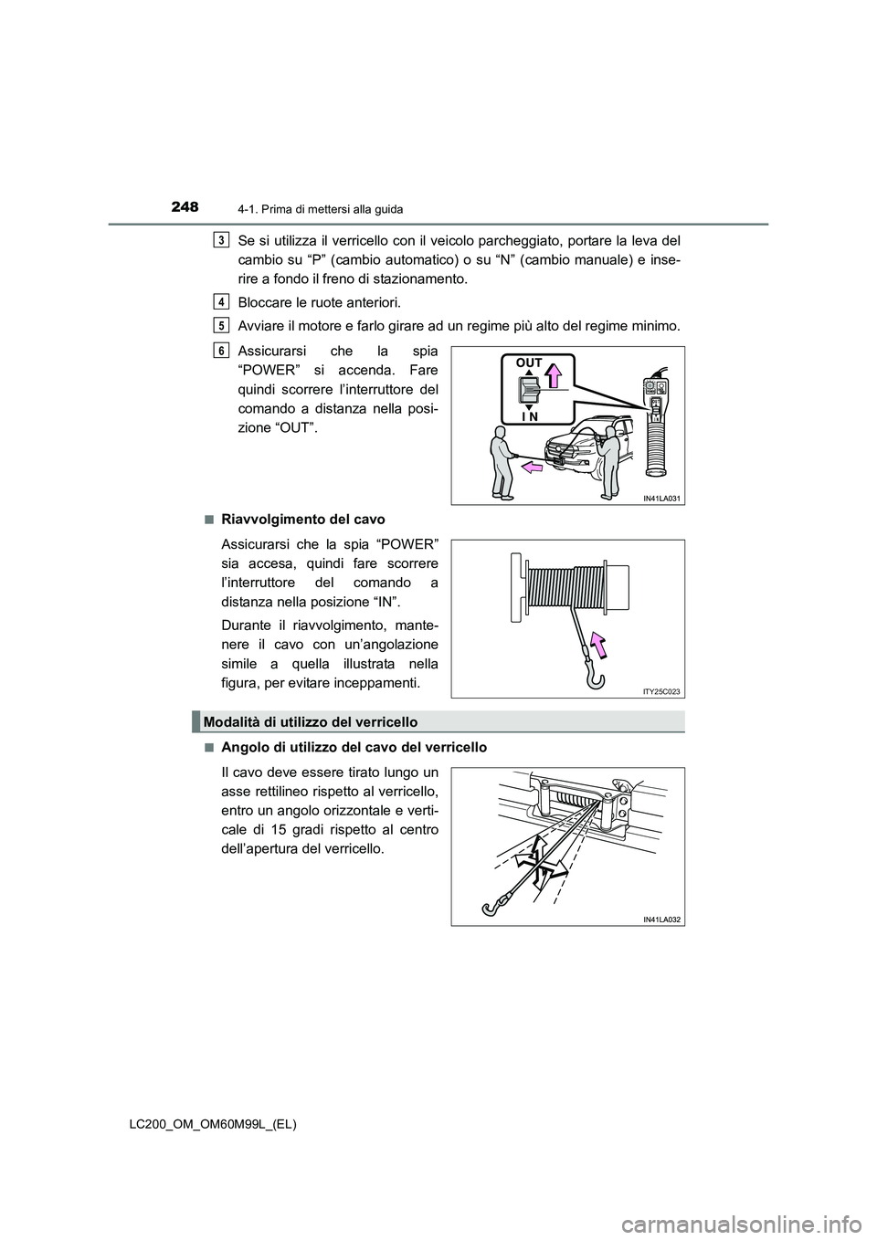 TOYOTA LAND CRUISER 2016 Manuale duso (in Italian) 2484-1. Prima di mettersi alla guida
LC200_OM_OM60M99L_(EL)
Se si utilizza il verricello con il veicolo parcheggiato, portare la leva del
cambio su “P” (cambio automatico) o su “N” (cambio man TOYOTA LAND CRUISER 2016 Manuale duso (in Italian) 2484-1. Prima di mettersi alla guida
LC200_OM_OM60M99L_(EL)
Se si utilizza il verricello con il veicolo parcheggiato, portare la leva del
cambio su “P” (cambio automatico) o su “N” (cambio man