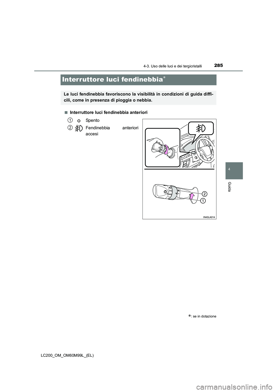 TOYOTA LAND CRUISER 2016 Manuale duso (in Italian) 285
4
4-3. Uso delle luci e dei tergicristalli
Guida
LC200_OM_OM60M99L_(EL)
Interruttore luci fendinebbia∗
■Interruttore luci fendinebbia anterioriSpento
Fendinebbia anteriori
accesi
∗: se in do TOYOTA LAND CRUISER 2016 Manuale duso (in Italian) 285
4
4-3. Uso delle luci e dei tergicristalli
Guida
LC200_OM_OM60M99L_(EL)
Interruttore luci fendinebbia∗
■Interruttore luci fendinebbia anterioriSpento
Fendinebbia anteriori
accesi
∗: se in do