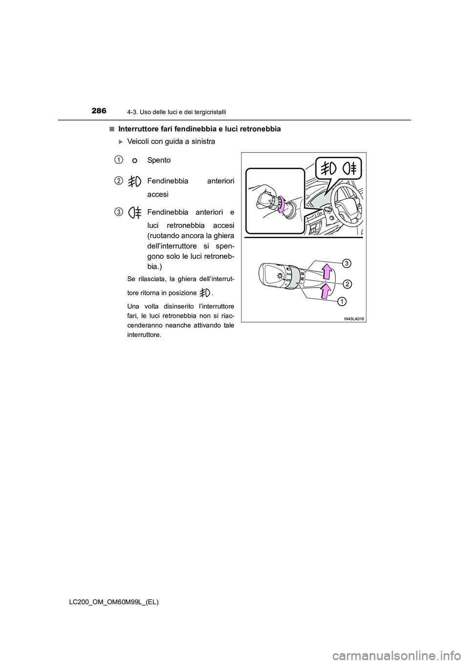 TOYOTA LAND CRUISER 2016  Manuale duso (in Italian) 2864-3. Uso delle luci e dei tergicristalli
LC200_OM_OM60M99L_(EL)■
Interruttore fari fendinebbia e luci retronebbia
�XVeicoli con guida a sinistra
Spento
Fendinebbia anteriori
accesi
Fendinebbia an