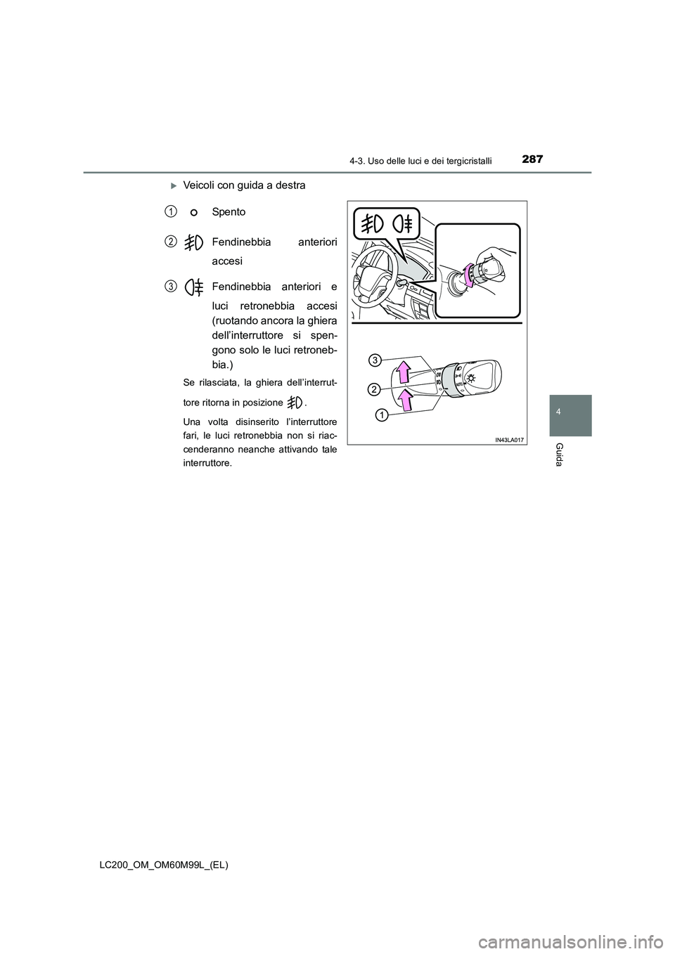 TOYOTA LAND CRUISER 2016  Manuale duso (in Italian) 2874-3. Uso delle luci e dei tergicristalli
4
Guida
LC200_OM_OM60M99L_(EL)
�XVeicoli con guida a destraSpento
Fendinebbia anteriori
accesi
Fendinebbia anteriori e
luci retronebbia accesi
(ruotando anc