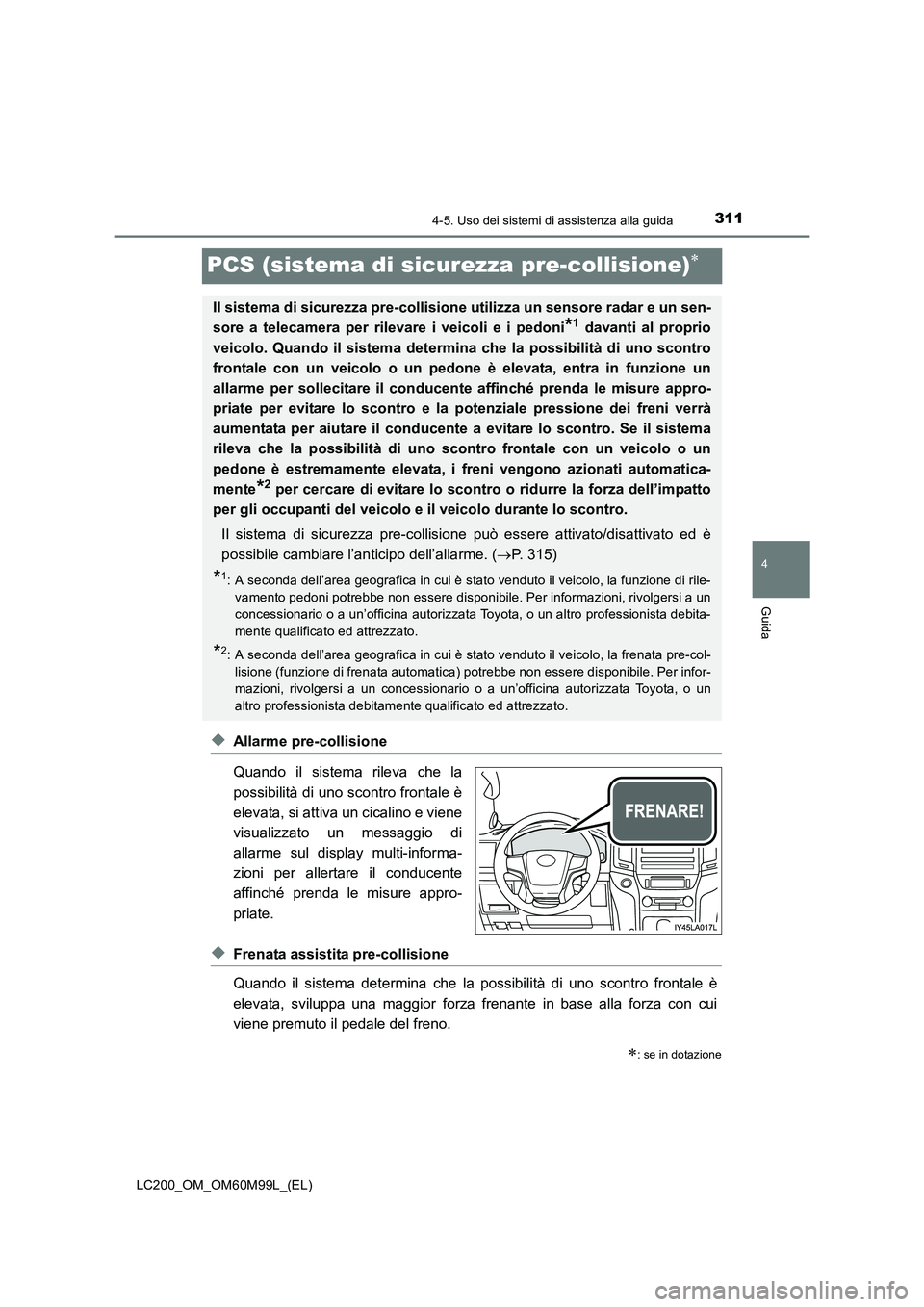 TOYOTA LAND CRUISER 2016 Manuale duso (in Italian) 311
4
4-5. Uso dei sistemi di assistenza alla guida
Guida
LC200_OM_OM60M99L_(EL)
PCS (sistema di sicurezza pre-collisione)∗
◆Allarme pre-collisione
Quando il sistema rileva che la
possibilità di TOYOTA LAND CRUISER 2016 Manuale duso (in Italian) 311
4
4-5. Uso dei sistemi di assistenza alla guida
Guida
LC200_OM_OM60M99L_(EL)
PCS (sistema di sicurezza pre-collisione)∗
◆Allarme pre-collisione
Quando il sistema rileva che la
possibilità di
