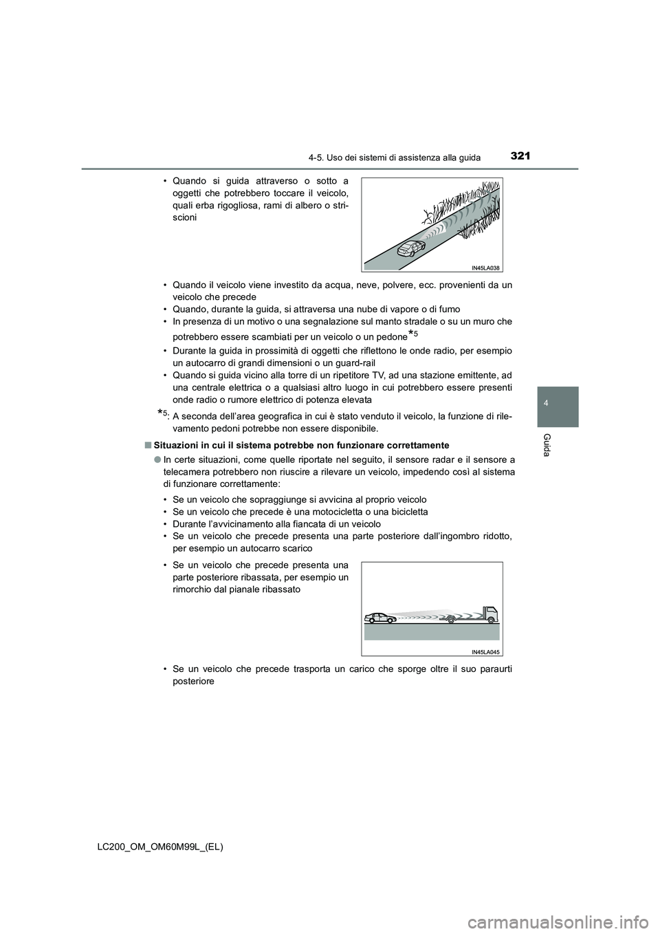 TOYOTA LAND CRUISER 2016 Manuale duso (in Italian) 3214-5. Uso dei sistemi di assistenza alla guida
4
Guida
LC200_OM_OM60M99L_(EL)• Quando il veicolo viene investito da acqua, neve, polvere, ecc. provenienti da un
veicolo che precede
• Quando, dur TOYOTA LAND CRUISER 2016 Manuale duso (in Italian) 3214-5. Uso dei sistemi di assistenza alla guida
4
Guida
LC200_OM_OM60M99L_(EL)• Quando il veicolo viene investito da acqua, neve, polvere, ecc. provenienti da un
veicolo che precede
• Quando, dur