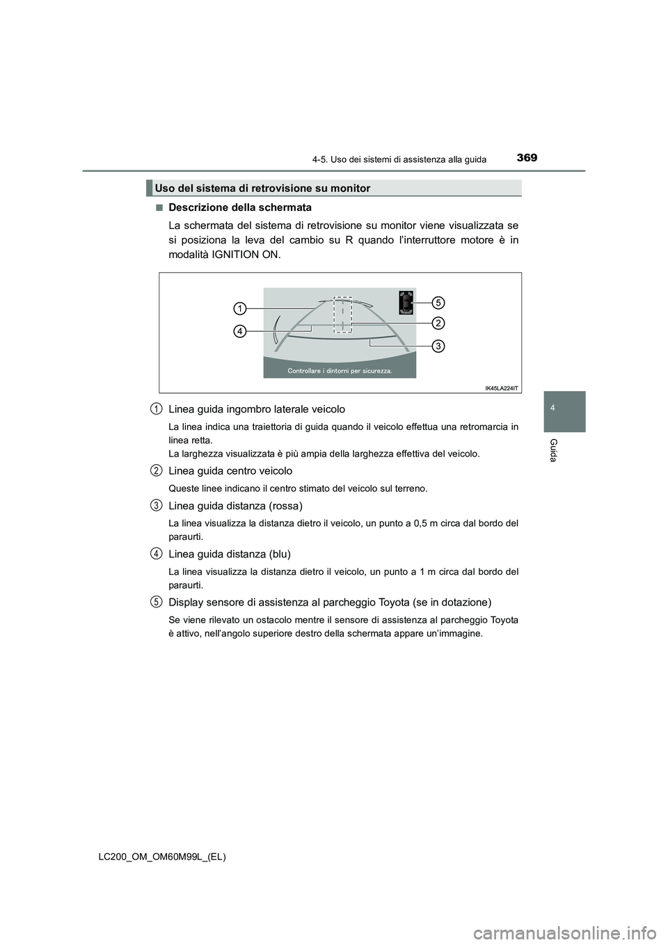 TOYOTA LAND CRUISER 2016  Manuale duso (in Italian) 3694-5. Uso dei sistemi di assistenza alla guida
4
Guida
LC200_OM_OM60M99L_(EL)■
Descrizione della schermata
La schermata del sistema di retrovisione su monitor viene visualizzata se
si posiziona la