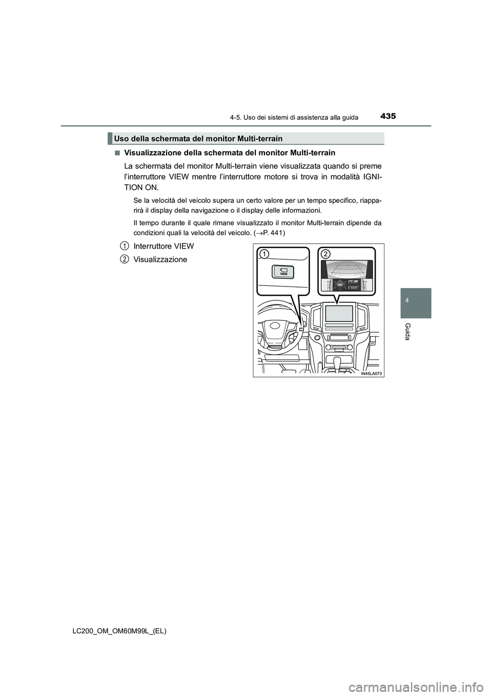 TOYOTA LAND CRUISER 2016  Manuale duso (in Italian) 4354-5. Uso dei sistemi di assistenza alla guida
4
Guida
LC200_OM_OM60M99L_(EL)■
Visualizzazione della schermata del monitor Multi-terrain
La schermata del monitor Multi-terrain viene visualizzata q