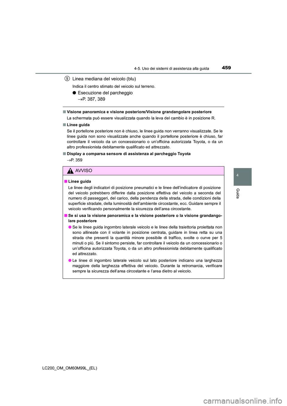 TOYOTA LAND CRUISER 2016  Manuale duso (in Italian) 4594-5. Uso dei sistemi di assistenza alla guida
4
Guida
LC200_OM_OM60M99L_(EL)
Linea mediana del veicolo (blu)
Indica il centro stimato del veicolo sul terreno.
●Esecuzione del parcheggio 
→P. 38
