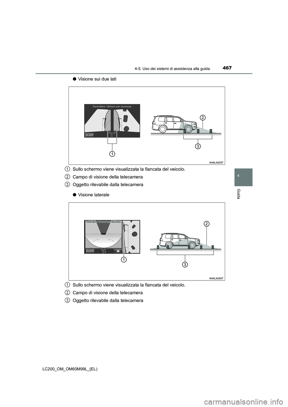 TOYOTA LAND CRUISER 2016  Manuale duso (in Italian) 4674-5. Uso dei sistemi di assistenza alla guida
4
Guida
LC200_OM_OM60M99L_(EL)
●Visione sui due lati
Sullo schermo viene visualizzata la fiancata del veicolo.
Campo di visione della telecamera
Ogge