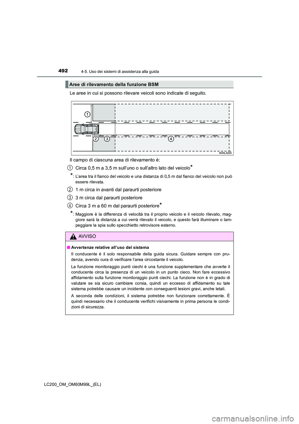 TOYOTA LAND CRUISER 2016  Manuale duso (in Italian) 4924-5. Uso dei sistemi di assistenza alla guida
LC200_OM_OM60M99L_(EL)
Le aree in cui si possono rilevare veicoli sono indicate di seguito.
Il campo di ciascuna area di rilevamento è:Circa 0,5 m a 3