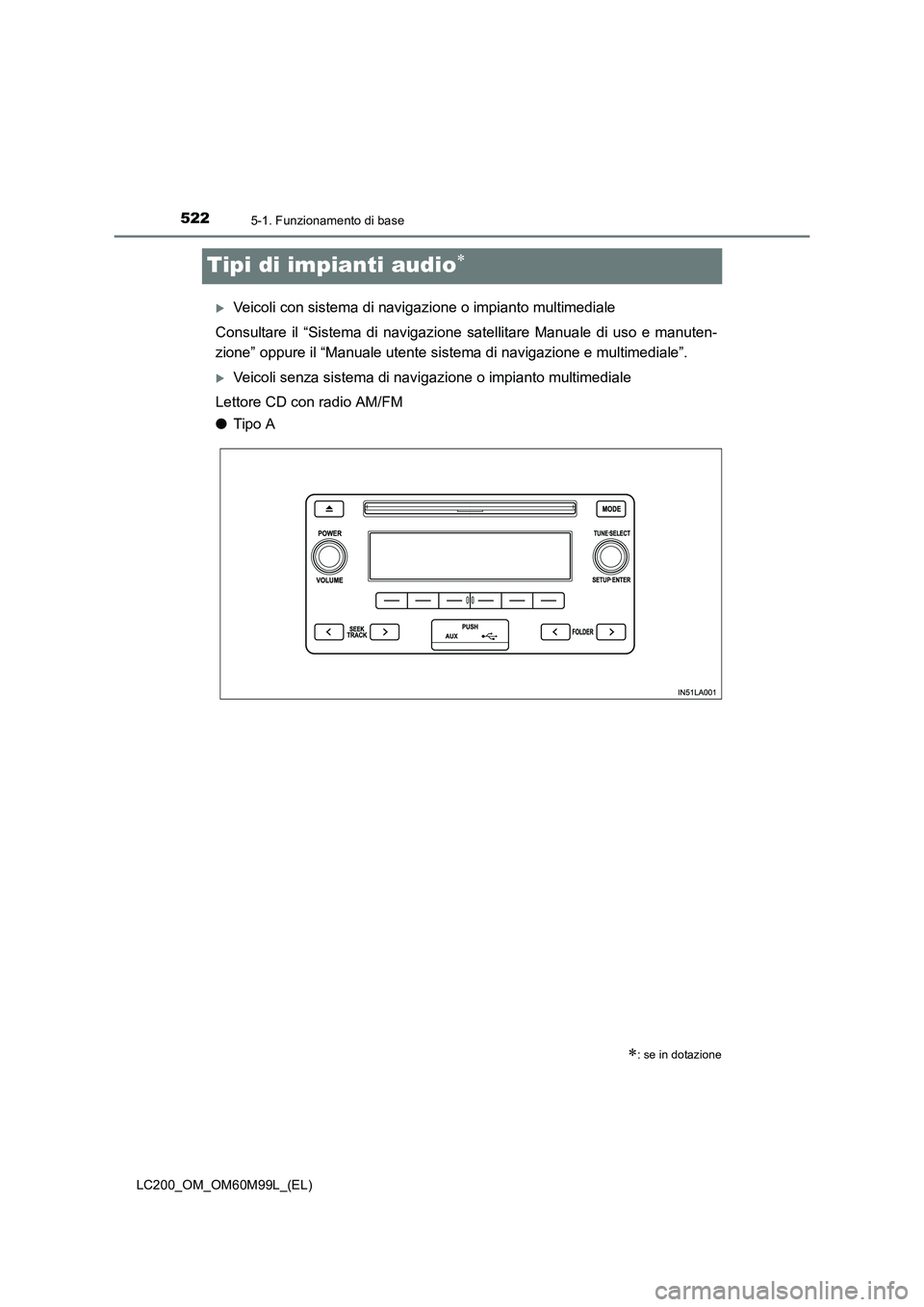 TOYOTA LAND CRUISER 2016  Manuale duso (in Italian) 5225-1. Funzionamento di base
LC200_OM_OM60M99L_(EL)
Tipi di impianti audio∗
�XVeicoli con sistema di navigazione o impianto multimediale
Consultare il “Sistema di navigazione satellitare Manuale 