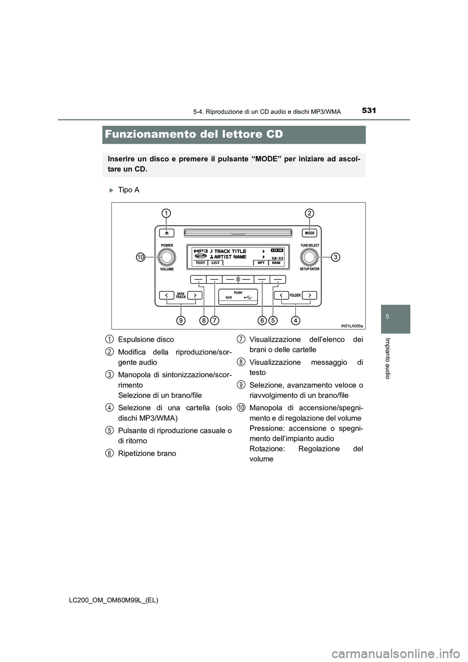 TOYOTA LAND CRUISER 2016  Manuale duso (in Italian) 531
5
5-4. Riproduzione di un CD audio e dischi MP3/WMA
Impianto audio
LC200_OM_OM60M99L_(EL)
Funzionamento del lettore CD
�XTipo A
Inserire un disco e premere il pulsante “MODE” per iniziare ad a