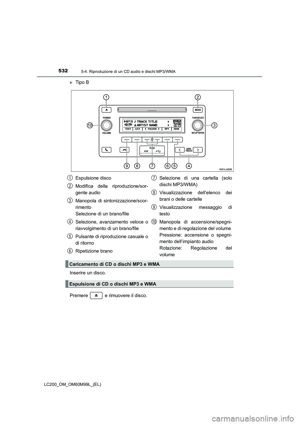 TOYOTA LAND CRUISER 2016  Manuale duso (in Italian) 5325-4. Riproduzione di un CD audio e dischi MP3/WMA
LC200_OM_OM60M99L_(EL)
�XTipo B
Inserire un disco.
Premere   e rimuovere il disco.
Espulsione disco
Modifica della riproduzione/sor-
gente audio
Ma