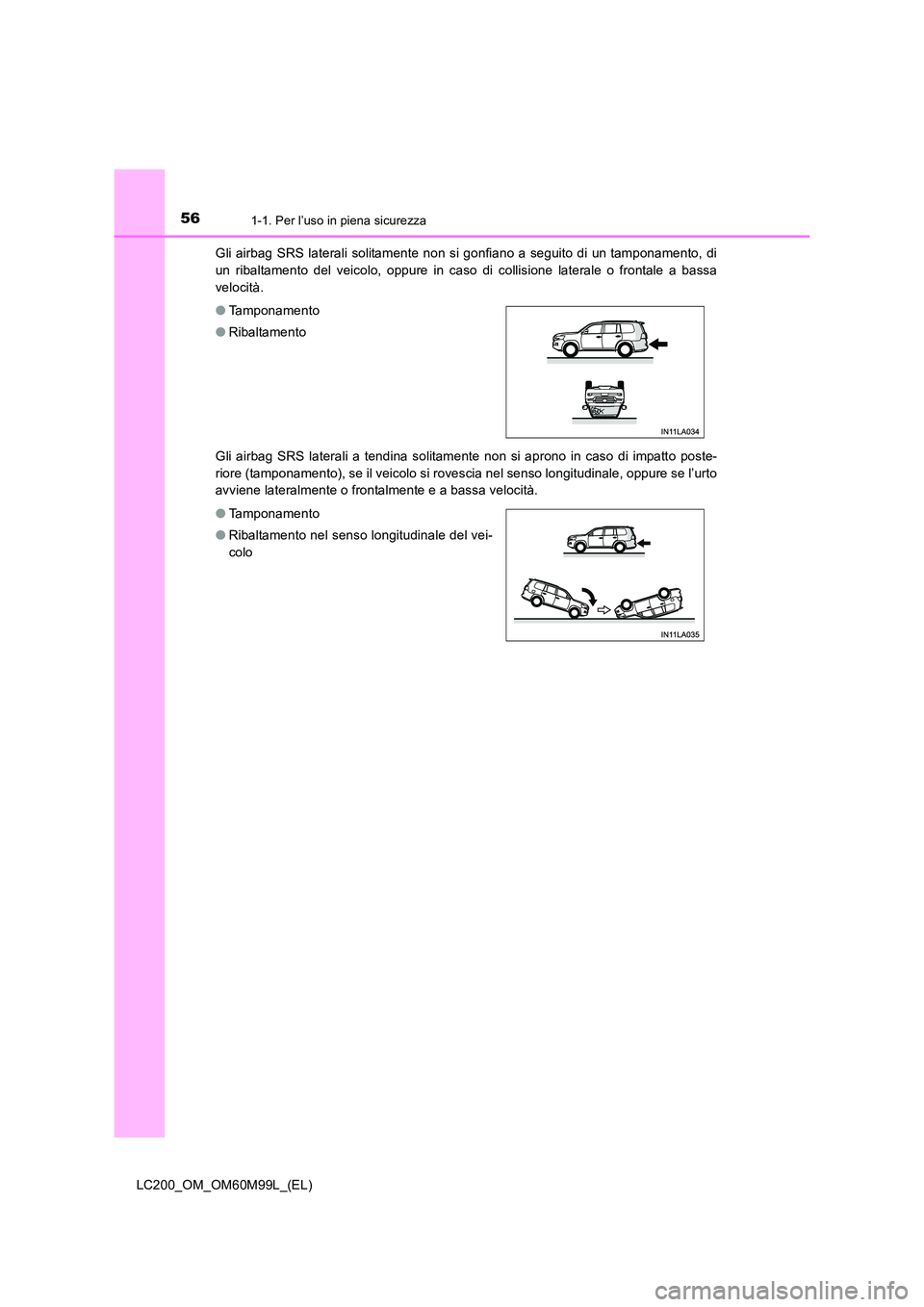 TOYOTA LAND CRUISER 2016 Manuale duso (in Italian) 561-1. Per l’uso in piena sicurezza
LC200_OM_OM60M99L_(EL)Gli airbag SRS laterali solitamente non si gonfiano a seguito di un tamponamento, di
un ribaltamento del veicolo, oppure in caso di collisio TOYOTA LAND CRUISER 2016 Manuale duso (in Italian) 561-1. Per l’uso in piena sicurezza
LC200_OM_OM60M99L_(EL)Gli airbag SRS laterali solitamente non si gonfiano a seguito di un tamponamento, di
un ribaltamento del veicolo, oppure in caso di collisio