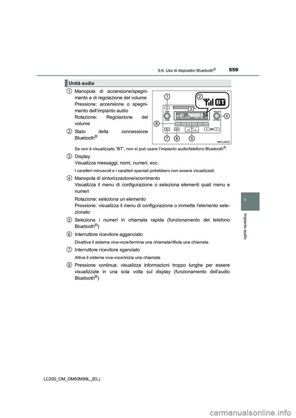 TOYOTA LAND CRUISER 2016 Manuale duso (in Italian) 5595-6. Uso di dispositivi Bluetooth®
5
Impianto audio
LC200_OM_OM60M99L_(EL)
Manopola di accensione/spegni-
mento e di regolazione del volume
Pressione: accensione o spegni-
mento dell’impianto a TOYOTA LAND CRUISER 2016 Manuale duso (in Italian) 5595-6. Uso di dispositivi Bluetooth®
5
Impianto audio
LC200_OM_OM60M99L_(EL)
Manopola di accensione/spegni-
mento e di regolazione del volume
Pressione: accensione o spegni-
mento dell’impianto a