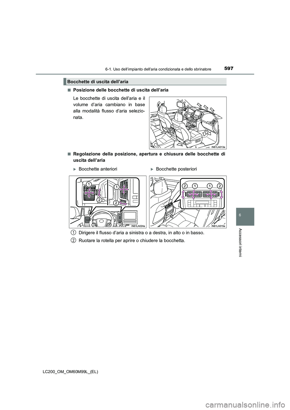 TOYOTA LAND CRUISER 2016  Manuale duso (in Italian) 5976-1. Uso dell’impianto dell’aria condizionata e dello sbrinatore
LC200_OM_OM60M99L_(EL)
6
Accessori interni
■Posizione delle bocchette di uscita dell’aria
Le bocchette di uscita dell’aria