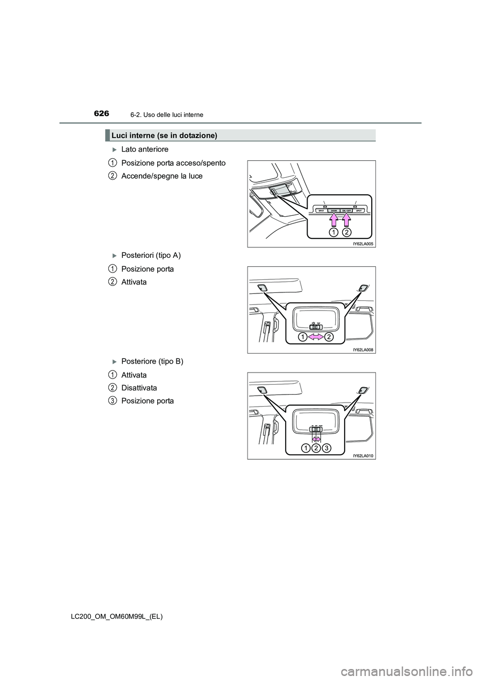 TOYOTA LAND CRUISER 2016  Manuale duso (in Italian) 6266-2. Uso delle luci interne
LC200_OM_OM60M99L_(EL)
�XLato anteriore
Posizione porta acceso/spento
Accende/spegne la luce
�XPosteriori (tipo A)
Posizione porta
Attivata
�XPosteriore (tipo B)
Attivat