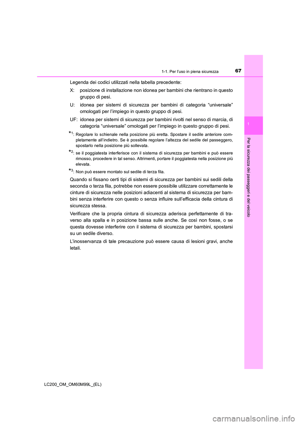 TOYOTA LAND CRUISER 2016  Manuale duso (in Italian) 671-1. Per l’uso in piena sicurezza
1
LC200_OM_OM60M99L_(EL)
Per la sicurezza dei passeggeri e del veicolo
Legenda dei codici utilizzati nella tabella precedente:
X: posizione di installazione non i
