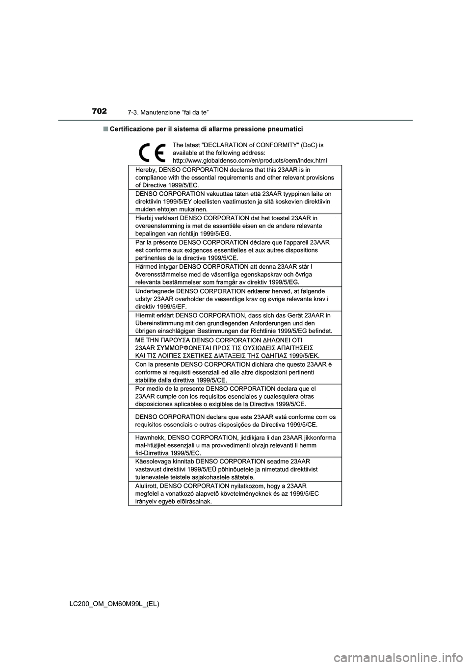 TOYOTA LAND CRUISER 2016  Manuale duso (in Italian) 7027-3. Manutenzione “fai da te”
LC200_OM_OM60M99L_(EL)■
Certificazione per il sistema di allarme pressione pneumatici 