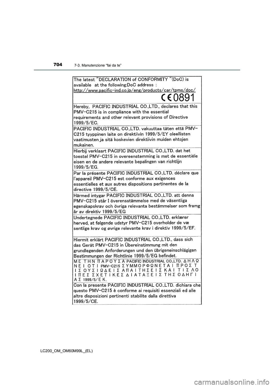TOYOTA LAND CRUISER 2016  Manuale duso (in Italian) 7047-3. Manutenzione “fai da te”
LC200_OM_OM60M99L_(EL) 