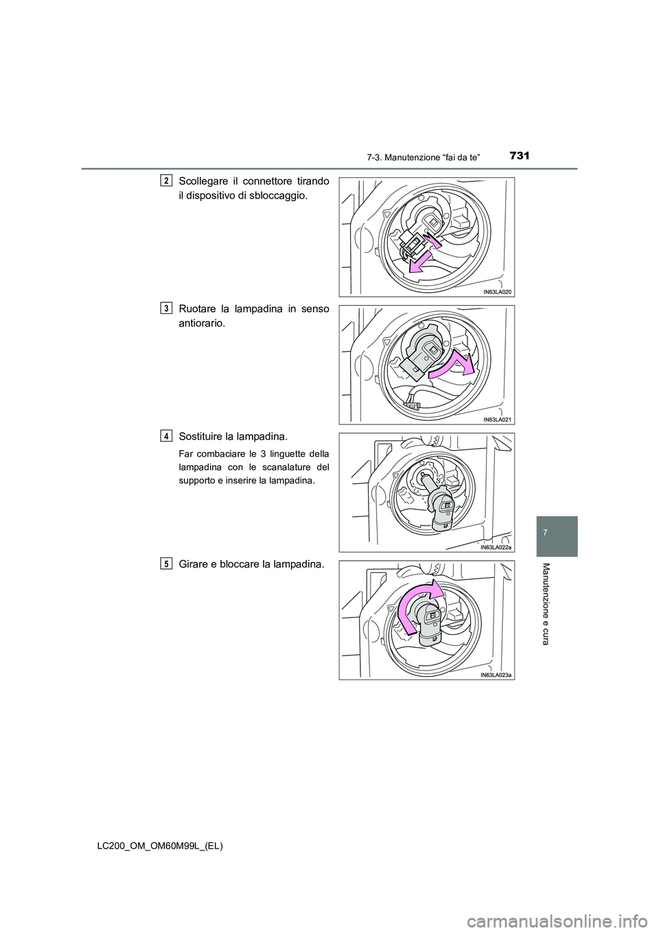 TOYOTA LAND CRUISER 2016  Manuale duso (in Italian) 7317-3. Manutenzione “fai da te”
LC200_OM_OM60M99L_(EL)
7
Manutenzione e cura
Scollegare il connettore tirando
il dispositivo di sbloccaggio.
Ruotare la lampadina in senso
antiorario.
Sostituire l